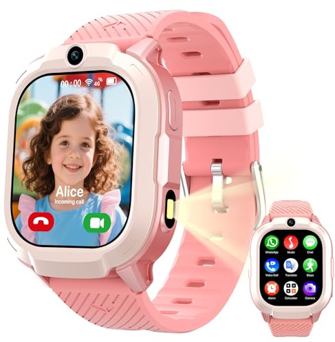 Smartwatch Kinder, 4G Kinder Smartwatch mit GPS und Telefon, Whatsapp, SMS, SOS, Telefonanruf, Videoanrufe, Sprachchat, Schulmodus, Schrittzähler, Wecker, Kinderuhr für Mädchen und Junge (Rosa)