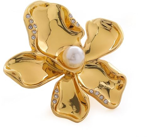 Ruyosn Blumen Brosche Damen, Zinklegierung Perle Brosche mit Kristall, 54mm Elegante Anstecknadel für Jacke, Kleid, Schal, Gold/Silber
