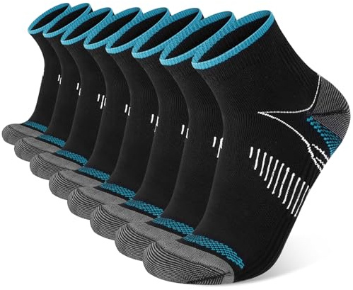 Fefod Calcetines de Compresión Cortos Hombre Mujer, 8 PCS Compresión Deportivos con Soporte el Arco, Calcetines Running Antiampollas, Compresión para Trabajo, Corriendo y Viajando, L/XL(Azul)