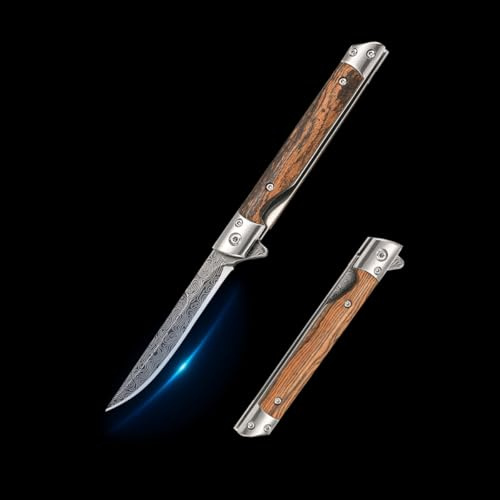 SHLWYG Coltello tascabile da campeggio all'aperto, coltello tascabile con motivo Damasco, coltello da esterno in acciaio inossidabile: affilato, bello, con custodia portatile in pelle
