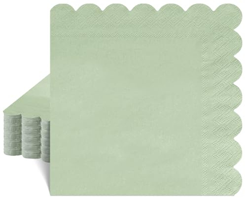40 Pcs Sage Green Paper Napkins 33 x 33cm, 2 Ply Scalloped Paper Napkins Disposable Green Party Napkin for Wedding Birthday Baby Shower Bridal Shower