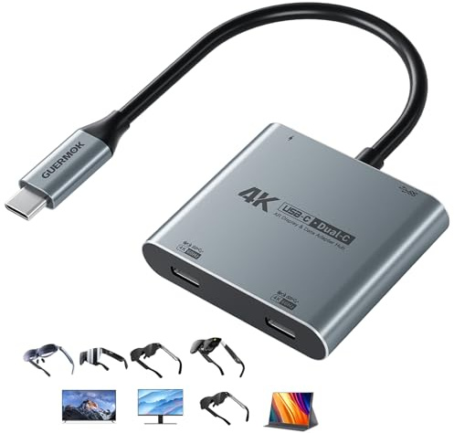 Guermok, Dubbel USB-C-skärmhubb, 4K@60Hz, PD100W, USB3.0, 5 Gbps, streaming | Laddning under videovisning, Kompatibel med AR-glasögon, Plug & Play utan drivrutin, USB-C telefoner, bärbara datorer, PD100W