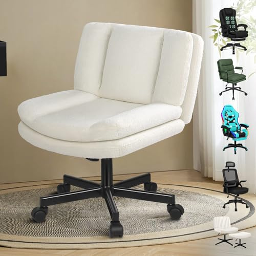 ELFORDSON Cross Legged Office Chair, Wide Seat Armless Desk Chairs with Wheels, Criss Cross Mid-back Vanity Chair for Home Office, Ergonomic, Height Adjustable, Swivel,Boucle Linen, White