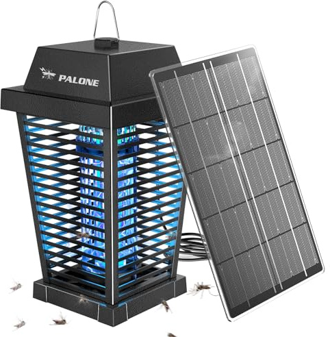 PALONE 4500V Lampara Antimosquitos Solar USB-C con Panel Solar de 7,5W | Recargable Mata Mosquitos Electrico UV con cable Tipo-C de 3,6 m, Trampa para Mosquitos para Camping, Jardín e Interior