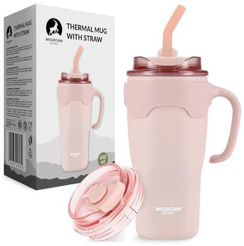 MOUNTAIN GOAT Thermobecher mit Strohhalm & Griff 650ml, Edelstahl Kaffeebecher To Go mit Henkel, Isolierbecher 3-in-1 Deckel, Hält 6h Heiß & 9h Kalt, Autobecher passend für Getränkehalter, Rosa
