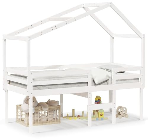 Xhnifnb Hochbett mit Dach Weiß 90x190 cm Massivholz Kiefer Spielbett Robustes Bettgestell platzsparend für Jugendzimmer und kleine Räume