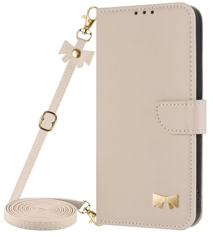 TQmchun Armor Handykette Hülle für iPhone XS/iPhone X, abnehmbares Lanyard mit Magnetverschluss, Klapphülle mit Kartenfach & Ständer, Beige