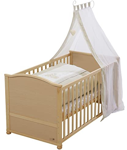 roba Babybett Set Liebhabbär - 70 x 140 cm - Kinderbett komplett mit Bettwäsche, Himmel, Matratze - Höhenverstellbar - Gitterbett in Juniorbett umbaubar - Holz natur