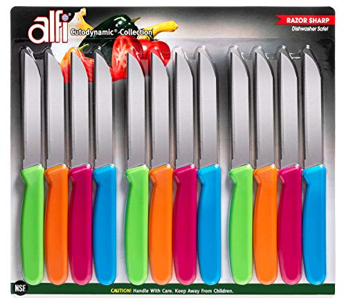 Alfi All-Purpose Knives Aerospace Precision Pointed Tip - Home And Kitchen Supplies - Serrated Steak Knives Set | Made in USA (Multi-Color, 12 pack)