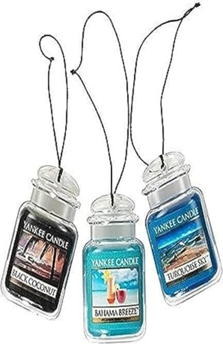 Yankee Candle Auto-Lufterfrischer, hängendes Autoglas, Ultimatives 3er-Pack, neutralisiert Gerüche bis zu 30 Tage, beinhaltet: 1 Bahama-Brise, 1 Schwarze Kokosnuss und 1 türkisfarbener Himmel