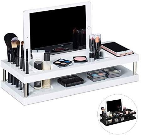 Relaxdays Tischorganizer, Make Up Organizer mit Ablagen für Tablet und Smartphone, Pinselhalter, Büro, 2 Etagen, weiß, H x B x T: ca. 8,5 x 40 x 16 cm