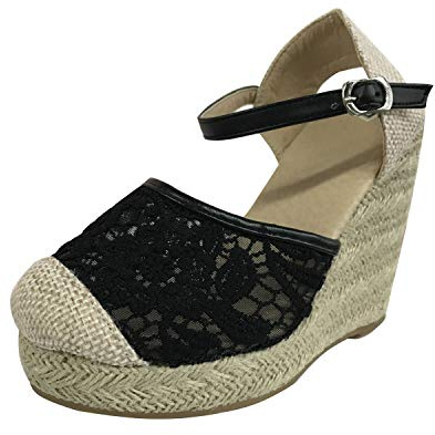 Minetom Espadrille Compensées Femme Elegantes Dentelle Sandales Talon Plateforme Lanière Cheville Sandale Chic Boucle Fond Épais Chaussures Noir 38 EU