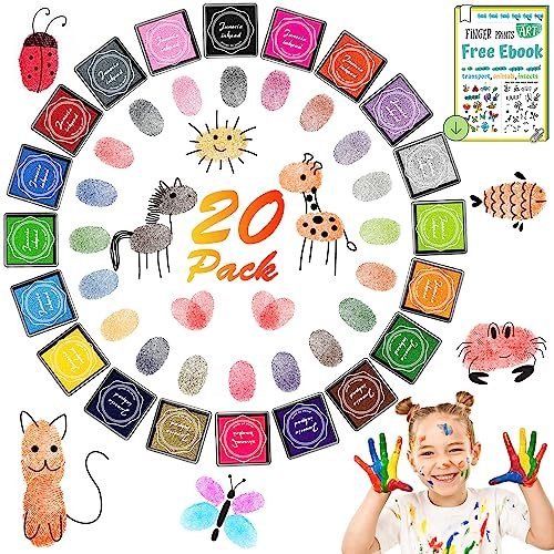 Almohadillas de tinta, DazSpirit 20 colores Huellas dactilares Sellos de almohadilla de tinta con 4 hojas de dibujo de huellas digitales Color de bricolaje Lavable