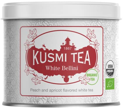 Kusmi Tea - White Bellini - Thé Blanc Bio - Thé Blanc Aromatisé Pêche et Abricot - À Déguster Chaud ou en Thé Glacé - Boîte Thé Métal 90g - Quantité pour environ 50 Tasses