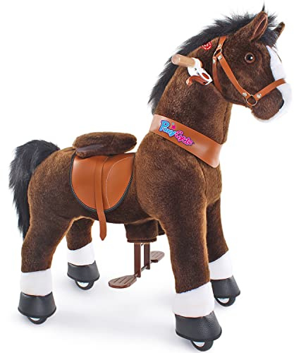 PonyCycle Reitpferd mit Rollen, für Kinder 4–7 Jahre, 76cm Hoch, Plüsch Reitpony mit Handbremse und Klang, Schaukeltier, Stehpferd, Braunes Reittier auf Rollen, Klassisches Modell U - Ux421