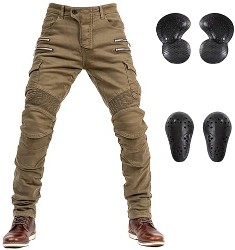 LOMENG Motorcycle Riding Pants Motorbike Motocross Cycling Jeans Safety CE Knee Hip Removable Armored All Seasons for Men Khaki 32
