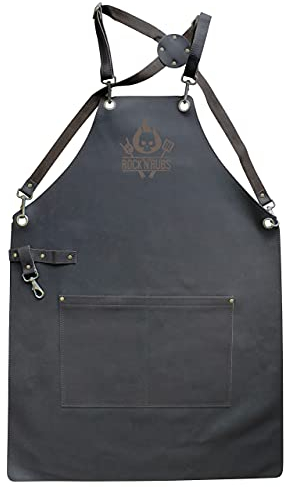 ROCK'N'RUBS Grillschürze aus 100% echtem Rindsleder - Schürze mit großen Taschen und gekreuztem Rückenband - Braun