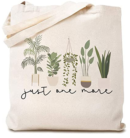 TSIIUO Women's Just One More Plant Canvas Tote Bag Funny Gardener Gift Plant Lover Reusable Shopping Canvas Bag White