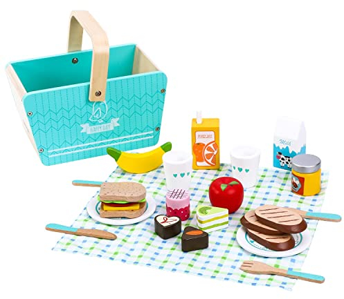 SOKA Wooden Happy Day Picnic Playset Traditional Picnic Basket with Play Food Sandwich Dessert Pretend Role Play Game Educational Development for Kids Children Girls Boys 3 years old +