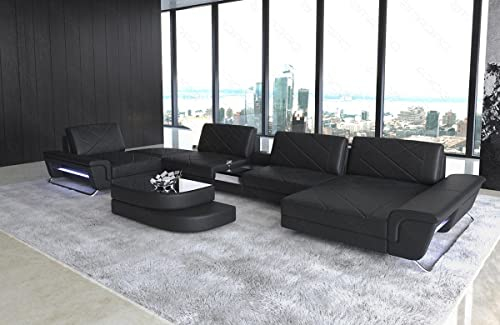 Wohnlandschaft Bari in Leder mit USB-Anschluss Steckdosen Sofa mit Kopfstützen Ledersofa Designersofa U Form Couch (Ottomane rechts (auf Sofa blickend), Black)