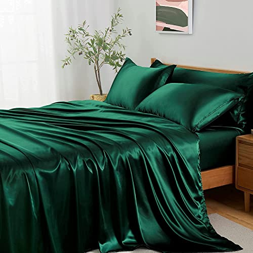 Lanqinglv Single Duvet Cover Set Dark Green Silky Satin Luxury Bedding Set Single Bed Smooth Shiny Quilt Cover 135x200cm with Zipper Closure and 1 Pillowcase 50x75cm