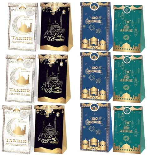 SUpoetry 12 Stück Muslim Ramadan Partytüte, Eid Mubarak Geschenktüten, Kraftpapiertüten Süßigkeiten Tüten, mit Aufkleber Bodenbeutel zum Befüllen Geschenkverpackung für Kinder