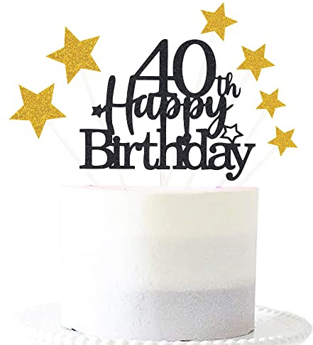 Pargleev Black Gold 40th Birthday Cake Topper with Glittery Stars | 7-piece Black Gold 40th set: 1 glittery 'Happy Birthday' topper + 6 star cupcake toppers; just place on the cake