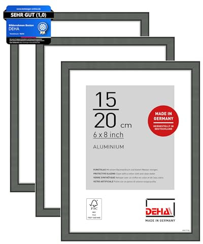 DEHA Design cadre photo, 15 x 20 cm (set de 3), aluminium, Gris mat, cadre photopour poserau format paysage et portrait, verre synthétique, Boston