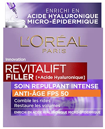 L'Oréal Paris - Soin Repulpant Intense Anti-âge FPS 50 - Crème de Jour à l'Acide Hyaluronique avec Protection UV - Rides & Ridules - Pour Tous Types de Peaux - Revitalift Filler - 50 ml