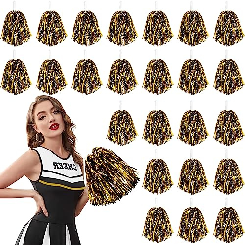 DILIBRA 24 Pcs Metallic Cheerleading Pom Poms, Cheerleaders Cheer Pom Poms with Baton Handle, Cheering Squad Hand Flower for Adults Kids Team Spirit Sports Game Dancing Party