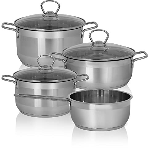 Krüger Edelstahl Topfset Manhattan 4-teilig|3 Töpfe mit Deckel & Stieltopf | PFAS-frei & unbeschichtet | Induktion | Spülmaschinengeeignet | Mit Schüttrand & Thermoboden | Für Grund- & Erstausstattung