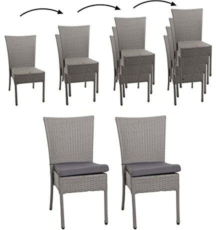Mendler 2er-Set Poly-Rattan Stuhl HWC-G19 - grau, Kissen dunkelgrau | Balkonstuhl, Gartenstuhl, stapelbar