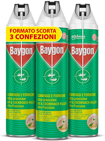 Baygon Spray con Cannuccia Extra Precision, Efficace contro Scarafaggi e Formiche, Protezione Continua fino a 4 Settimane, 3x Bombole da 400 ml