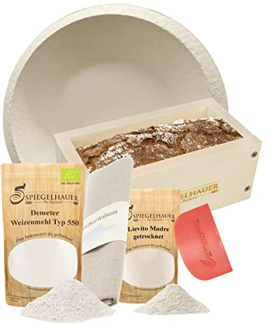 Bäckerei Spiegelhauer Sauerteig Starter Set Roggensauerteig 300 g, Teigschaber, Backrahmen aus Ahornholz, Bäckerleinen, Demeter Roggenmehl Typ 1150 1 kg, Gärkörbchen rund