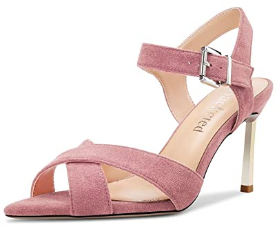 Saekcted Femmes Aiguille Haut High Talon Heel Ouvert Bout Sandales Lanières Cheville Boucle Mariage Cute 8.5 CM Heels Rose 44 EU