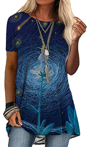 ORANDESIGNE T-Shirt Long Femme à Manche Courte T-Shirt Col Rond Blouse Eté Ample Casual Tops Imprimé Ethnique Colorées Tee Shirt Mode Tops T-Shirt Lâche Haut Long Blouse Tunique Bleu Foncé 05 3XL