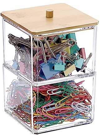 BTSKY Clear Stackable Paper Clip Holder with Bamboo Lid 2-Layer Paperclip Box Thick Acrylic Office Supply Accessory Organizer Square Small Storage Holder Cute Qtip Holder for Office Bathroom Vanity