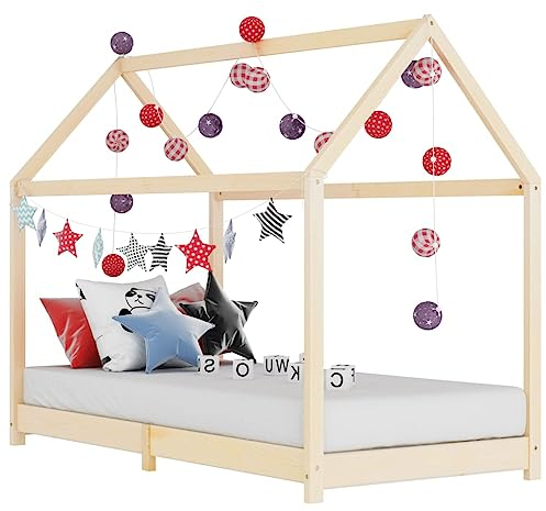 puraday Kinder-Bettgestell Massivholz Kiefer Hausbett 90x200 cm Bett Kinder Holzbett Hausbett Deko Toddler Bed für Kinder Baumhaus Design Kann Vorhänge Hängen Elegant und Praktisch
