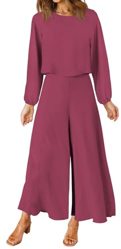 FANCYINN Conjunto de dos piezas para mujer de verano Manga larga de cuello redondo y pantalón ancho cortado Fucsia profunda L