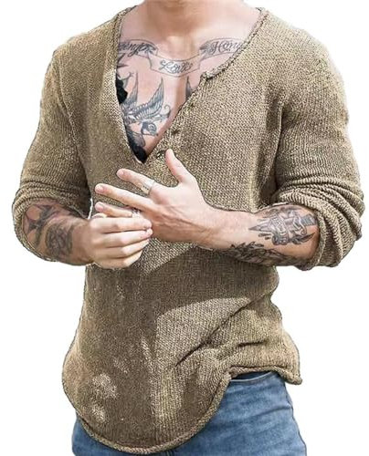 Tricot Homme Tendance Col V Basic Pull Homme Regular Fit Couleur Unie Pullover Homme Printemps Automne Tricoté Tops Homme Mince Manches Longues Pullover Homme C-Khaki M