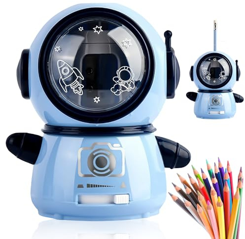 Nizirioo Taille-crayon électrique pour enfants: automatique avec trois modes réglables, conteneur et design astronaute pour les espaces croquis