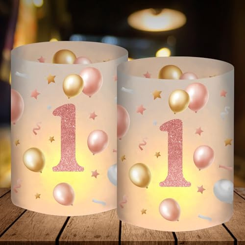 12 Windlicht Tischdeko, Deko 1. Geburtstag Mädchen, Geburtstagsdeko 1 Jahr, Erster Geburtstag Mädchen Happy Birthday Tischdeko Rosegold, Geeignet für Teelichter oder Kerzen