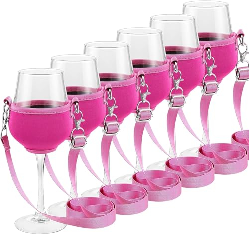 Hyxodjy 6 Stück Weinglashalter zum Umhängen Weinglas Halterung zum Umhängen,Tragbare Weinglashalter Becherhalter Festival Wine Glass Holder für Picknick, Party, Geburtstag, Hochzeit (Rosa)