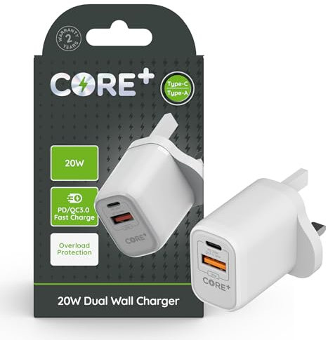 CORE + | Dual USB A + USB C Wall Charger Plug | Fast Charging With Quick Charge | Smartphone & Device Charging Plug | Charges two devices at once | Overload Protection | White (20W Power)