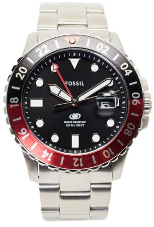 Fossil Blaue GMT Herrenuhr, Dreizeiger-Datumswerk mit Edelstahl- oder Silikonarmband