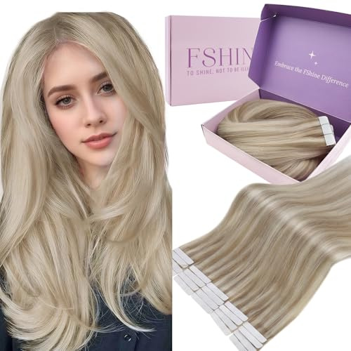 Fshine Hair Extensions Tape in, Natural Silky Straight Texture, Color 18613 Dark Ash Blonde with Pale Blonde Highlights Tape in Hair Extensions 50 g 20 Inch 20 pcs, for Daily Wear and Wedding