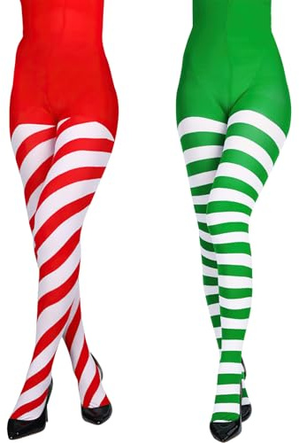 CHONGQILAO 2 Pares Medias de Rayas Rojas Verdes Blanco, Medias Elfo Mujer, Disfraz Leotardos Rayas Mujer, Medias de Elfo, Accesorios para Disfraz de Mascarada, Navidad, Carnaval (B)