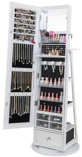 Spiegel Mit Schmuckschrank, Um 360° schwenkbarer Schmuckschrank mit Ganzkörperspiegel, abschließbarem Schmuck-Organizer mit 6 LEDs, Ablageflächen auf der Rückseite, unterer Schublade und Haartrocknerh