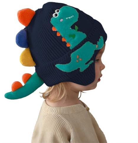 Kleinkind Winter Beanie Hut Jungen Mädchen Gestrickte Dinosaurier Mütze mit Bommel Warm Earflap Hut Kappe Cap Cartoon Bommelmütze Wintermütze mit Ohrenklappen Dunkelblau