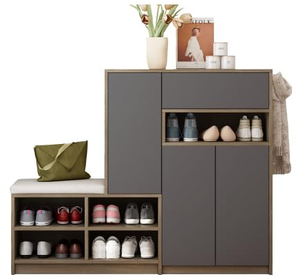 HAINEW Schuhschrank mit 3 Türen und Schublade, Modern Schuhregal Schuhkommode Schuhaufbewahrung mit Gepolstertem Sitz und Verstellbaren Regalen für Flur Wohnzimmer, 140×35×110cm (Grau)